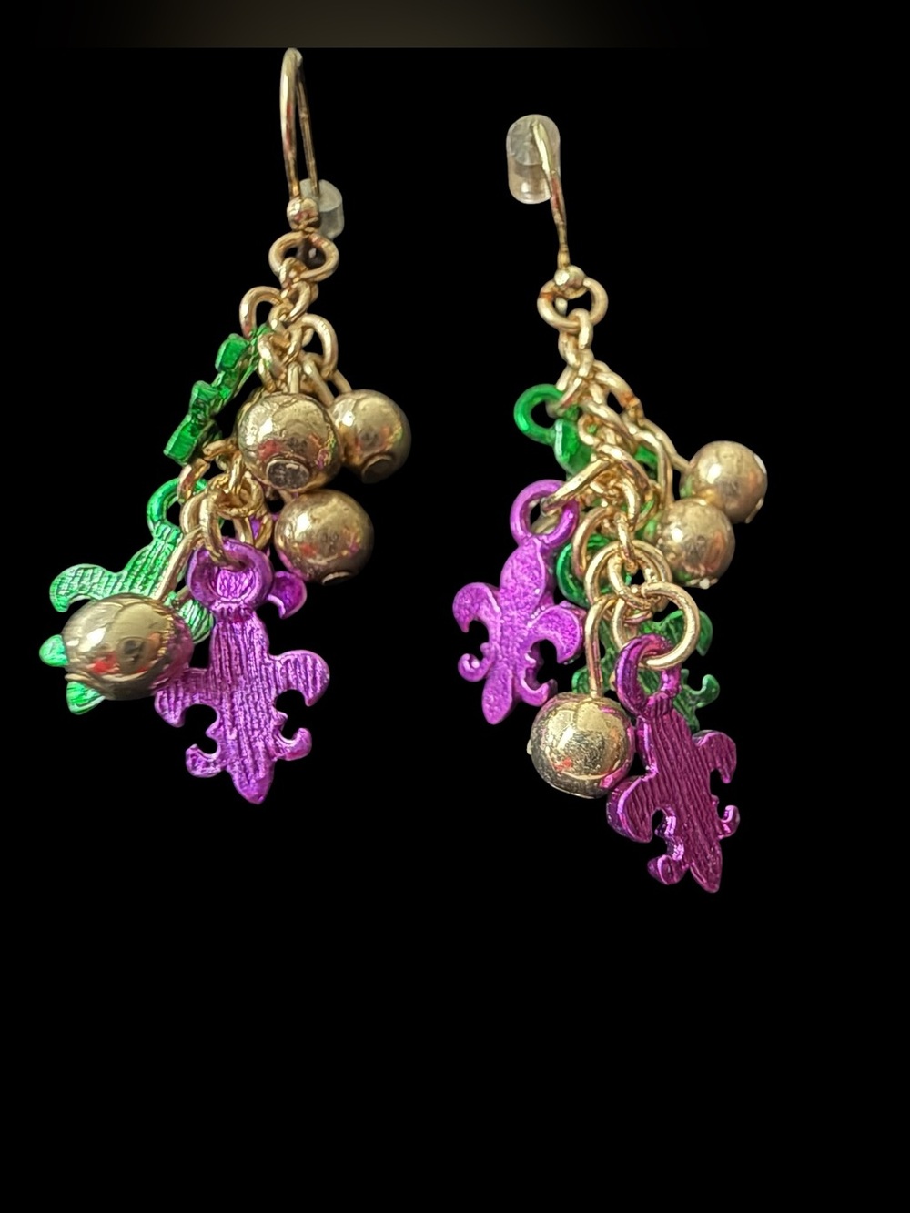 Gold-Tone Dangle Earrings with Purple & Green Fleur-de-Lis Charms